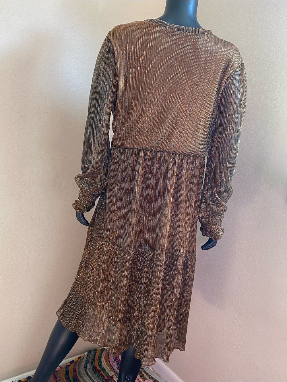 NY Collection Shimmery Bronze V-Neck Long Sleeve Midi Dress - Picture 8 of 12